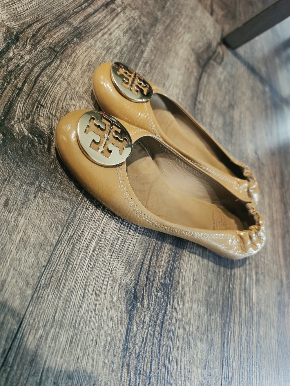 Tory Burch Mustard Patent Leather Reva Logo Ballet Flats